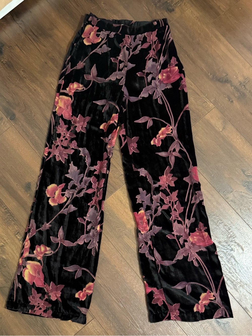 LUXXEL Black Velvet High-RiseWide-Leg Floral Pants with Sheer Blooms